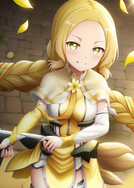 <lora:Inubouzaki_Fuu-10:1>,(Scattering yellow petals, fluttering hair),Inubouzaki_Fuu, 1girl, solo, long hair, looking at viewer, smile, blonde hair, dress, holding, twintails,light green eyes, yellow eyes, weapon, braid, flower, twin braids, capelet, magical girl, yellow dress,broadsword