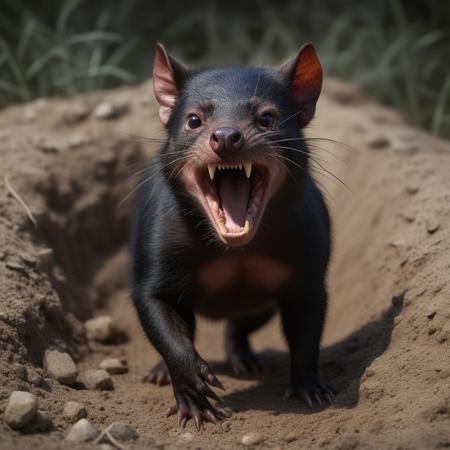 very realistic photograph of a rabid tasmanian devil coming out of its burrow