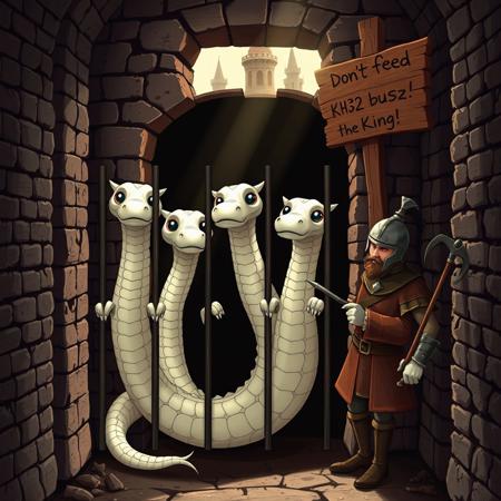 The image shows a fully grown cute four-headed hydra with beautiful pearl white scales and four resting legs along a thick torso and a curled tail . It is imprisoned in a dark dungeon cell. It has its four necks sticking out between the bars with each head at a different angle as they stare soulfully with large cartoon sad puppy dog eyes at the viewer as if begging to help it. The cell is surrounded by walls of humid bricks on each side with some amount of decay visible and a single worn wooden sign that reads "Don't feed KH32 any buzz! -The King" with a sour looking guard pointing to it as he leans against the wall with his halberd and helmet lazily down over his face. A single small opening where a brick has been removed in the back of the cell shows a part of the top of the happy medieval city and its towers in the sunlight. A visible sunbeam with dust particles in it illuminates the cell. the scenery is slightly bleak.