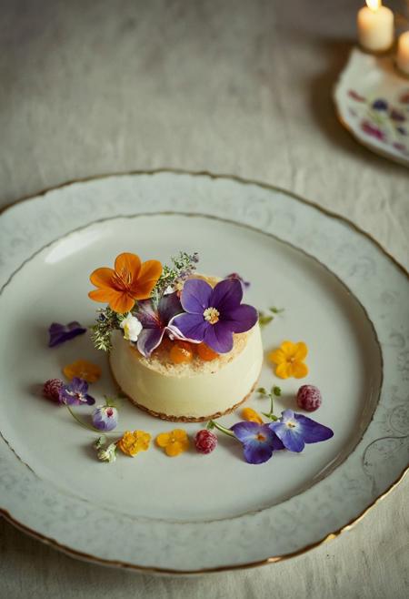 Photograph an elegant dessert served on a vintage plate. The dessert should be beautifully presented with attention to detail, incorporating elements like edible flowers, delicate garnishes, and refined textures. Use soft lighting to enhance the vintage aesthetic and emphasize the dessert's elegance.
verybadimagenegative_v1.3, novuschroma74 style