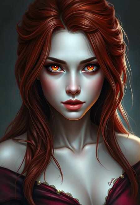 A woman with Red hair and Luminous eyes looks at the camera, Beautiful picture of the character, Charlie Bowater, high quality portrait, fantasy concept art portrait, detailed matte fantasy portrait, charlie bowater art style, Detailed beautiful portrait, fantasy art portrait, dark, chiaroscuro, low-key, oil and watercolor painting