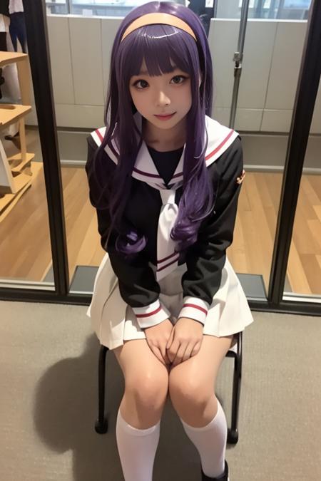 ultra-detailed,highly detailed,best quality,masterpiece,illustration,realistic,
daidouji tomoyo, tomoeda elementary school uniform, 1girl, solo, cosplay,
hairband, sailor collar, serafuku, long sleeves, neckerchief, pleated skirt, bobby socks,mary janes,
purple eyes, purple hair, long hair, bangs,
photo background, indoors, aquarium, 
looking at viewer,v arms, 
<lora:daidouji tomoyo_xx_v1_06:0.7>