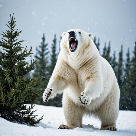 sfw, masterpiece, best quality,absurderes, lazypos, lazyreal,animal focus,cinematic film still,film grain,DLSR,HRD,fujifilm pro,wide angle shot,professional photography,a massive polar beat with white fur and huge fangs rears up on its hind legs and roars in the midst of an intense snow storm. The background is a tundra with some small evergreen shrubs, which are mostly occluded by the swirling snow.