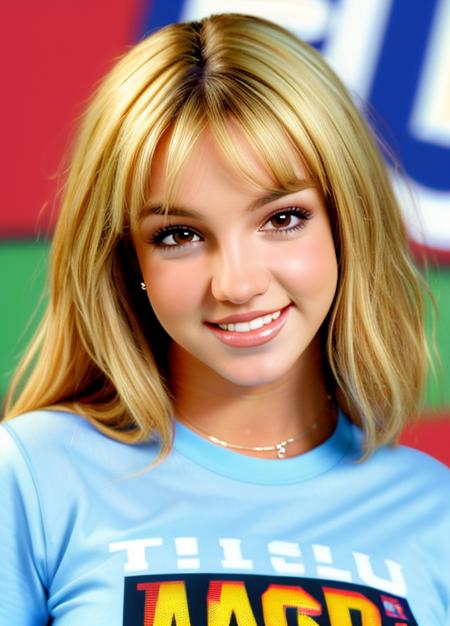 ((masterpiece)), (best quality), perfect anatomy, highres, detailed, (8k), photorealistic,best quality, ultra highres,  ((detailed face)),
<lora:britneyspears_smf_lora_01-000004:0.9>, 1girl, britneyspears-smf, solo, blonde hair, realistic, smile, long hair, brown eyes, shirt, grin, looking at viewer, ((t-shirt)), clothes writing, school background, upper body, lips