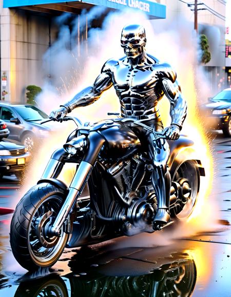 Action Films arnold as t800 terminator chrome skin,in san francisco, polished metal, cable, raining, explosion, smoke, fire, black leather jacket, riding a walz,,, Action Films, often for intense sequences, heroic characters, or adrenaline-fueled excitement.