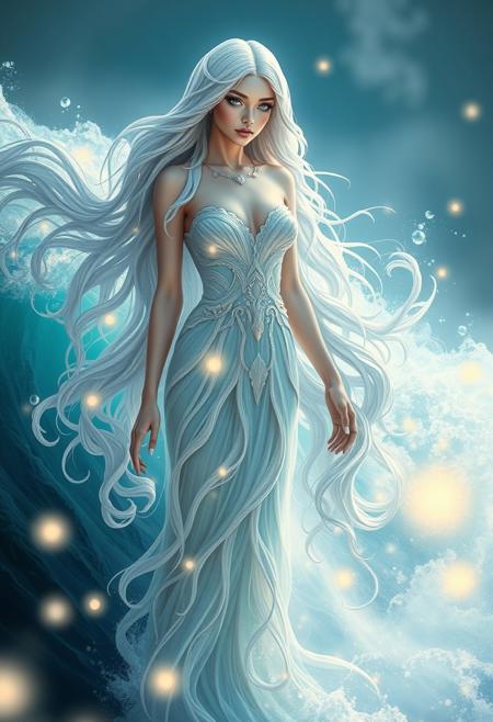 A majestic water goddess standing gracefully by a glowing wave, ethereal long flowing hair made of liquid silver, shimmering ocean-blue eyes, wearing an elegant dress made of flowing water and seashells, surrounded by glowing orbs and mist