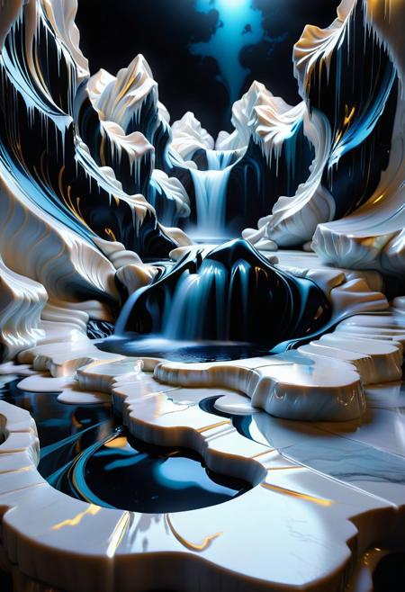 Ultrarealistic. sharp focus, dynamic lighting. play of light, Raytracing, Ultra detailed. (((Liquid Marble style))). A village made of Liquid Marble.