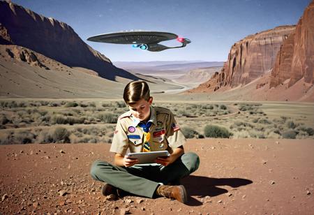 ASCIIDetailed illustration, 1860, boy scout, pointing, holding an electronic tablet, looking down at a starship enterprise sitting on the ground in the valley, kodachrome, peaceful , science,   dusty shirt, mountain,