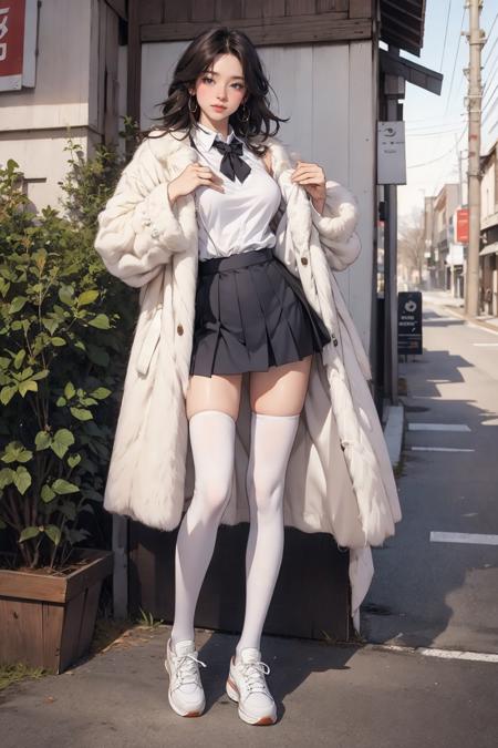 1girl,solo,medium breasts,outdoors,<lora:GoodHands-beta2:1>,(full body:1.3),<lora:0150 white fur coat_v1:0.8>,ruanyi150,fur coat,coat,school uniform,pleated skirt,white thighhighs,sneakers,, best quality,masterpiece,highres,official art,extremely detailed cg unity 8k wallpaper