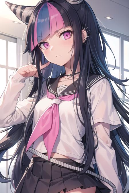 ibukimioda, <lyco:ibukimioda-lyco-nochekaiser:1>,
ibuki mioda, black hair, blue hair, hair horns, ear piercing, lip piercing, long hair, multicolored hair, (pink eyes:1.5), pink hair, white hair,
BREAK asymmetrical legwear, black skirt, blue thighhighs, jewelry, mismatched legwear, neckerchief, necklace, piercing, pleated skirt, ring, school uniform, serafuku, shirt, skirt, thighhighs, torn clothes, torn thighhighs, zettai ryouiki,
BREAK looking at viewer,
BREAK indoors, classroom,
BREAK <lyco:GoodHands-beta2:1>, (masterpiece:1.2), best quality, high resolution, unity 8k wallpaper, (illustration:0.8), (beautiful detailed eyes:1.6), extremely detailed face, perfect lighting, extremely detailed CG, (perfect hands, perfect anatomy),