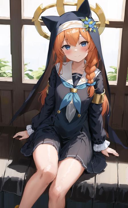 1girl, bangs, blue eyes, blue neckerchief, blush, braid, closed mouth, dress, feet out of frame, flower, frills, habit, hair between eyes, hair flower, halo, indoors, long hair, long sleeves, looking at viewer, ba-mari, neckerchief, nun, orange hair, sailor collar, single braid, smile, solo, white flower, masterpiece,highres,best quality,8k,yellow headband