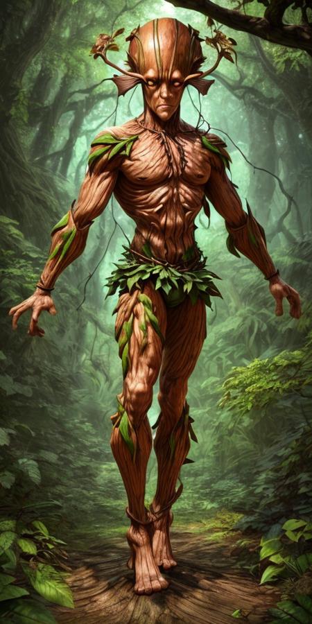 heroic, full body male, (muscular:1.1) (treant:1.5), in the forest, (wood skin:1.3), detailed texture, intricate wood, vines underwear, branch hair, wood, bark, detailed, intricate, illustration, render, anime