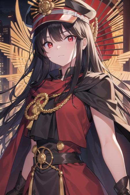 odanobunaga, <lora:odanobunaga-lora-nochekaiser:1>, 
oda nobunaga, black hair, long hair, (red eyes:1.5),
BREAK chain, cloak, family crest, gloves, grey gloves, hat, military, military hat, military uniform, peaked cap, uniform,
BREAK looking at viewer,
BREAK outdoors,
BREAK <lyco:GoodHands-beta2:1>, (masterpiece:1.2), best quality, high resolution, unity 8k wallpaper, (illustration:0.8), (beautiful detailed eyes:1.6), extremely detailed face, perfect lighting, extremely detailed CG, (perfect hands, perfect anatomy),