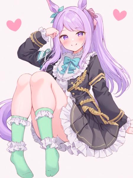 <lora:ç®ç½éº¦æ:1>,1girl, solo, mejiro_mcqueen_\(umamusume\), white_background, long_hair, animal_ears, horse_ears, purple_hair, tail, purple_eyes, simple_background, heart, horse_girl, horse_tail, smile, bow, socks, looking_at_viewer, blush, skirt, bangs, long_sleeves, kneehighs, ribbon, jacket, black_skirt, closed_mouth, frills, green_socks, pleated_skirt, black_jacket, sitting, armband, frilled_sleeves, knee_up, swept_bangs, hand_up