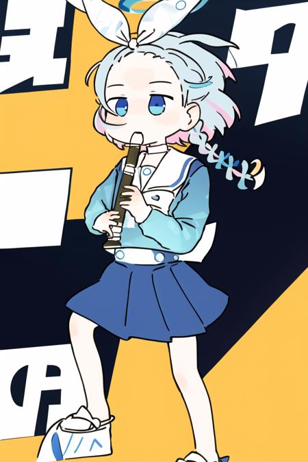 <lora:Kyoufuu All Back:1>, Kyoufuu all back, 1girl, solo, simple background, holding, standing, full body, instrument, child, playing instrument, holding instrument, recorder, arona, white hairband, bow hairband, halo, short hair, single braid, school uniform, blue shirt, white sailor collar, long sleeves, white bowtie, white choker <lora:aronaBlueArchive_v1:1>