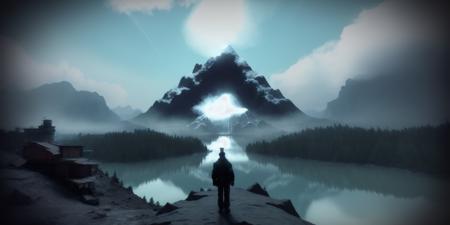<lora:15ParralelDimensions:1>parallel dimension: a man standing on top of a mountain next to a body of water