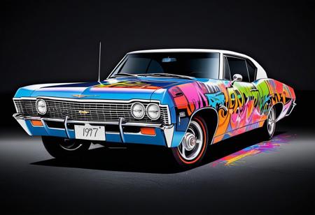 fcNeg, A captivating vector illustration showcasing a classic 1967 Chevrolet Impala adorned with vibrant graffiti on a black background. This stunning image combines the timeless elegance of the Impala with the energy and creativity of graffiti art, creating a unique and eye-catching visual experience.
The illustration features a mix of abstract shapes and lettering, as well as various elements commonly found in graffiti art, such as drips, arrows, and wildstyle lettering. The use of bright and contrasting colors against the black background creates a sense of depth and dimensionality, while the attention to detail and intricate linework adds to the overall visual impact of the design.
This captivating artwork invites viewers to explore the dynamic and expressive world of graffiti art, while also appreciating the classic and iconic design of the 1967 Chevrolet Impala. The combination of urban creativity and automotive history creates a unique and compelling image that celebrates the intersection of art and nostalgia.