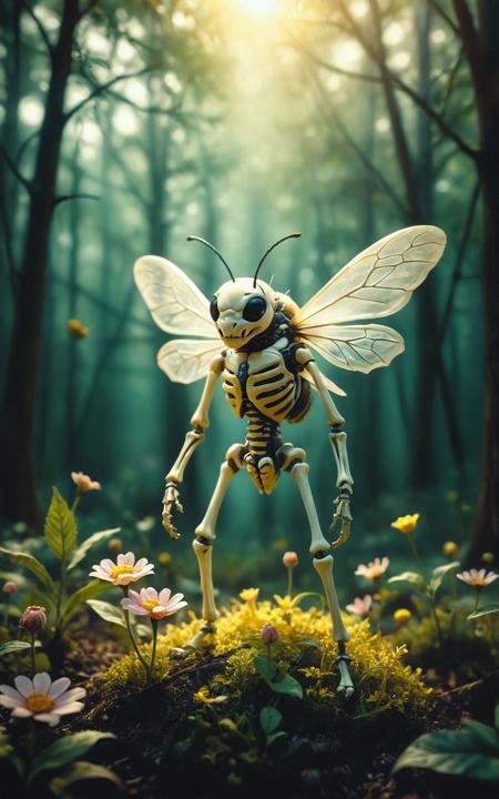 bee skeleton, adorable undead insect, spooky yet endearing forest setting, whimsical illustrations, pastel color scheme, warm sunlight filtering through leaves, shallow depth of field, playful composition, vibrant flowers surrounding the skeleton bee, delicate petals and stems, soft focus, dreamlike atmosphere, stylized texture, hand-drawn look