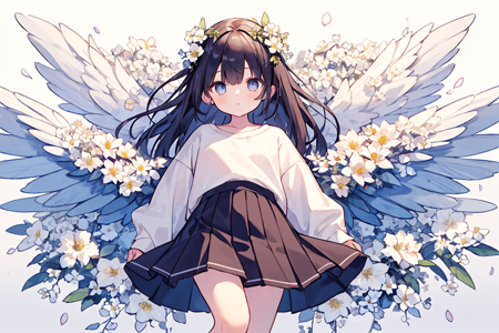 solo, 1girl, white sweatshirt, skirt, random flowers, white flowers, leaves, from front, looking at viewer, flower wings