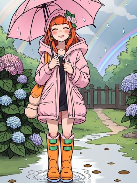 (masterpiece, best quality:1.1), 1girl, flat chest, Ichihara Nina, animal costume, orange eyes, <lora:u149-v4.0:0.85>, happy, orange hair, outdoors, running, closed eyes, holding hat, animal hood, rainbow,raincoat,rubber boots,hydrangea,flower,boots,blush,hair ornament,teruterubouzu,very long hair,hood up,long sleeves,full body,footwear,pink flower,standing,leaf,food-themed hair ornament,hair bow,hair flower,rain