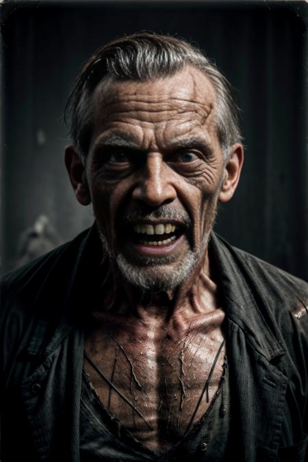 medium range upper body photo, dynamic pose, eerie old male creature, ghoulish zombie, zombie, brutal, rotting skin, horrors, evil grin, rotting teeth, scary, dark and gloomy, bloody, extremely detailed face and eyes, horrific, nightmare, very detailed realistic gray eyes, ((turned slightly away from viewer)),  <lora:more_details:0.8>   <lora:picxer_real:0.7> wearing a ripped stained shredded tattered suit, realistic, photorealistic, hyperrealistic, hd, absurdres, collodion wet plate photography, octane render