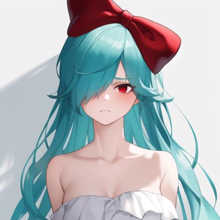 masterpiece, best quality, 1girl, aqua hair, bare shoulders, expressionless, sleeveless white dress, frown hair bow, hair over one eye, one eye covered, long hair, looking at viewer, medium breasts, red bow, red eyes, upper body