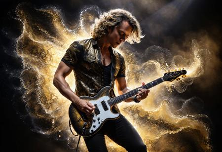 Rock guitarist in a passionate solo, energy wave, hd wallpaper, sony alpha a7 III, pointillist precision, tilt-shift lenses, dark  black and light spotlight gold