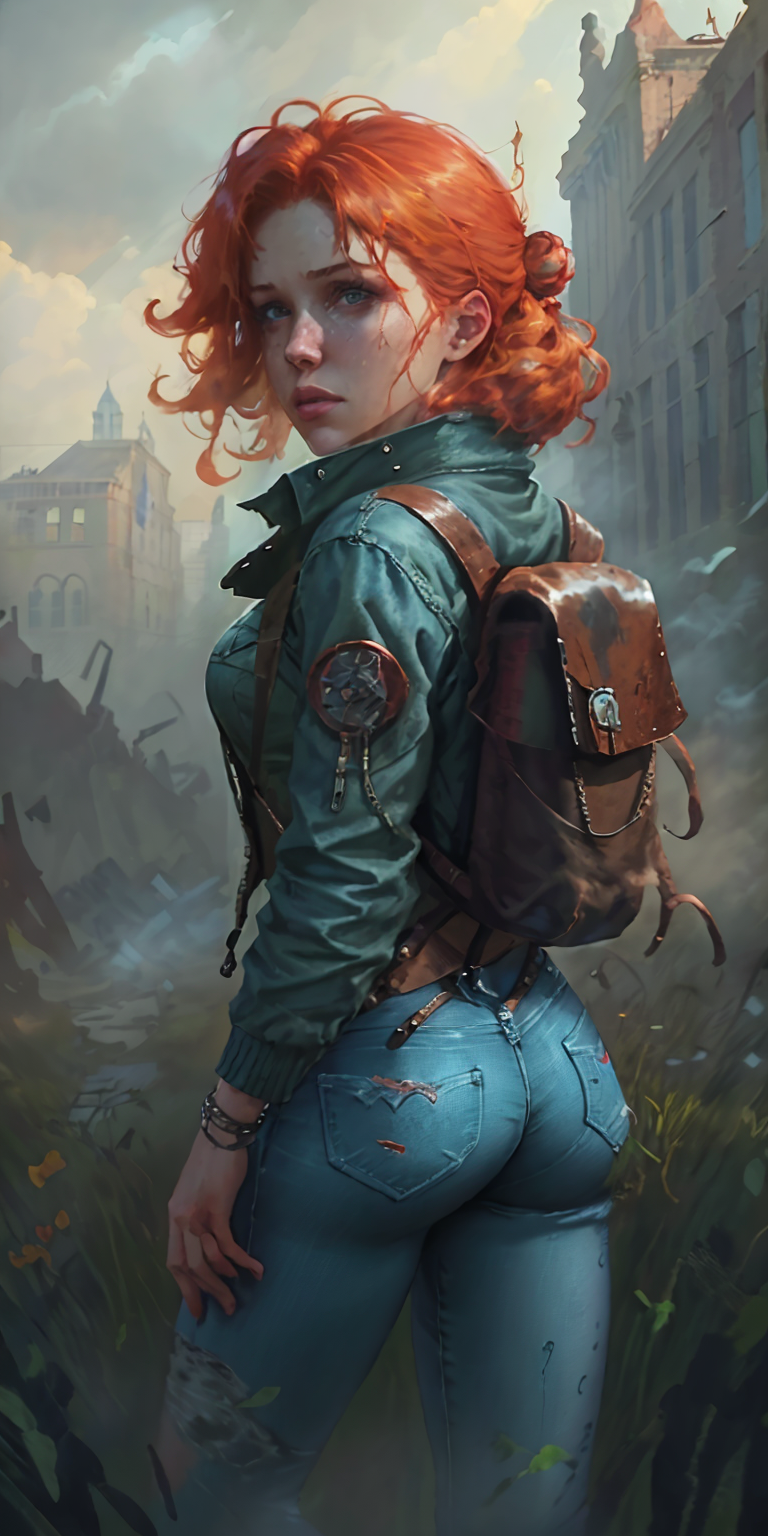 zrpgstyle post-apocalypse fallout 4 RPG character painting ginger hair upsweep updo thin woman wearing black backpack (den...