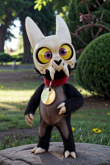 1boy, skull helmet, teeth, pokemon (creature), colored sclera, red collar with circle pet tag, claws, tail