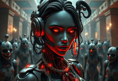 Create a highly detailed, 4K image of a half-robot and half-woman character, set in a labyrinthine environment inspired by the works of M.C. Escher. The character should be surrounded by a gang of twisted, eerie circus clowns, with hints of ancient Egyptian ruins in the background. Incorporate elements of cyberpunk and surrealism, with a focus on contrasting light and shadows, and a muted color palette with neon accents. The image should have a sense of unease and tension, as if the character is being watched or cursed. Use a mix of organic and synthetic textures, with intricate details and a sense of depth. The style should be inspired by the works of artists such as Artgerm, WLOP, and Greg Rutkowski, with a blend of realistic and fantastical elements.