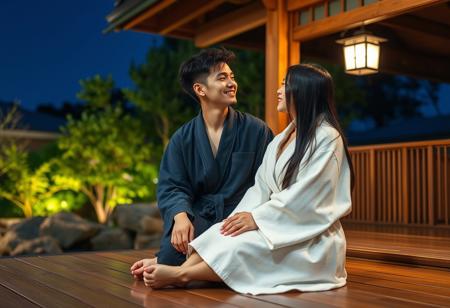 On a summer night, a young Japanese husband with short black hair had just finished taking a shower. He walked out of the Japanese house in a dark blue bathrobe and came to the Japanese garden. He sat on the wooden floor with his back against the wooden beam to enjoy the cool air.
His young Japanese wife with long straight black hair also finished her shower. She came to her husband in a white bathrobe, leaned her back against his chest and sat on his lap as if he were a chair.
The husband speaks love words in his wife's ear, and she smiles as she listens. The atmosphere is romantic, beautiful, and full of Japanese style.
FHD, Rich in details, masterpiece.