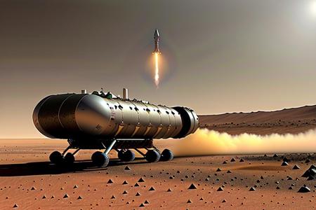 An extraterrestrial alien spacecraft lands on the surface of Mars, ((alien ship is landing in the background)),((Rocket landing engines kick up dust during the landing)), dim sunlight shines through the dust,