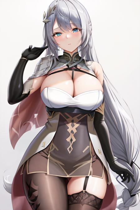 (masterpiece), (best quality),thighhighs, long hair, gloves, large breasts, garter straps, braid, very long hair, dress, blue eyes, asymmetrical gloves,  hair ornament, cleavage, bangs,  black gloves, grey hair, single elbow glove, elbow gloves, single braid, single thighhigh, asymmetrical legwear, braided ponytail,single pauldron, shoulder armor, uneven gloves, cape, high heels, single detached sleeve, mismatched gloves, asymmetrical clothes, black thighhighs, <lora:gvv:0.6>