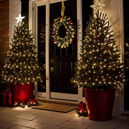 Festive decorative arrangement with christmas tree and christmas lights