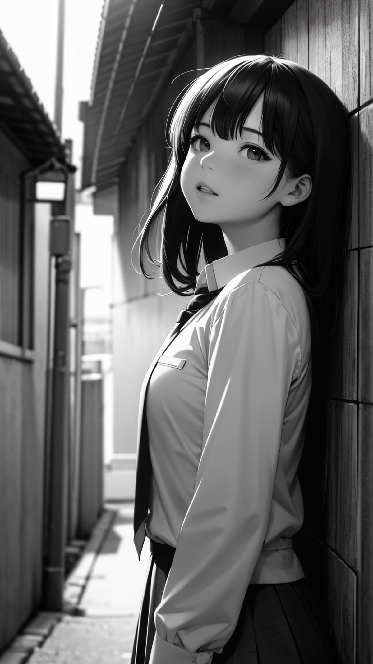(ultra detailed,ultra high res),((detailed background)),sunlight,distant,chiaroscuro,street,alley,greyscale,BREAK
1girl,lo...