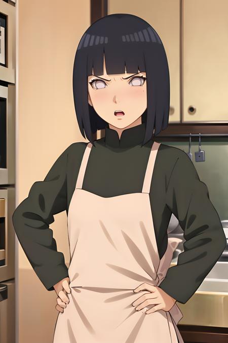 masterpiece, absurdres,hinata\(boruto\), 1girl, solo, black shirt,pencil skirt,   apron, looking at viewer,kitchen, hands on hips, angry,blush, :o,