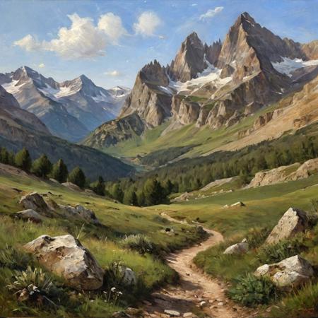 Landscape photograph featuring a mountainous terrain under a clear blue sky. The image showcases two prominent rocky peaks with steep, rugged slopes covered in patches of green vegetation. Between the peaks, a valley extends into the distance, leading to a snow-capped mountain range in the background. The foreground consists of a grassy area with a dirt path, adding depth to the composition. The overall scene is serene and natural, highlighting the grandeur and beauty of the mountainous landscape. oil painting