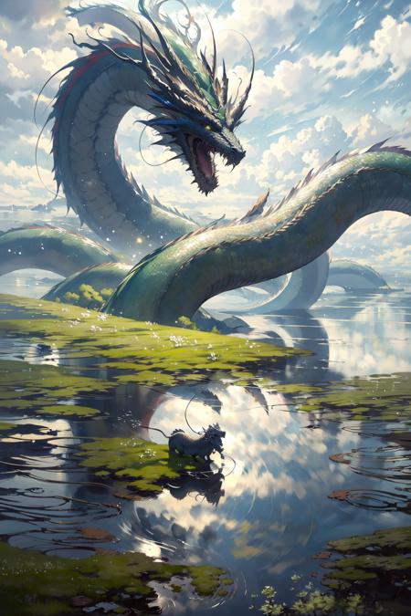 (masterpiece:1.2),best quality,PIXIV,Chinese dragon,
cloud,outdoors,water,sky,cloudy sky,scenery,dragon,reflection,eastern dragon,grass,day,oversized animal,fantasy,
<lora:Chinese dragon-000014:1>,