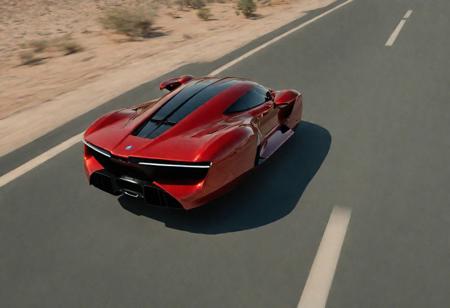 photo of red hover (2020's sports car), nowheels, science fiction, scifi, futuristic, city, paved road, flying over other cars