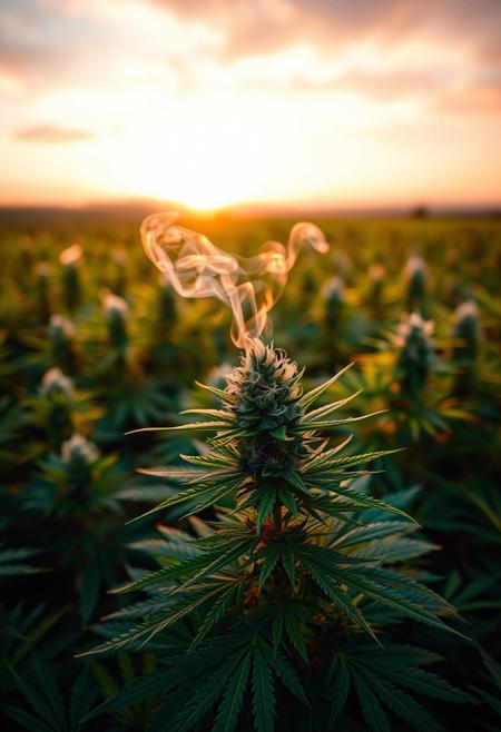 vibrant cannabis field, (lush green leaves:1.4), (sunset glow:1.2) casting warm light over the plants, (detailed textures:1.5), smoke swirling softly in the air, (cannabis buds:1.3) glistening with trichomes, peaceful and serene atmosphere, (natural light:1.4), wide field stretching into the distance, (colorful sky:1.2) with shades of pink and orange, (high-definition:1.6), (ultra-realistic textures:1.5), close-up details of cannabis plants, (soft focus in the background:1.2), modern, laid-back aesthetic, perfect for a cannabis culture feature, chill and relaxed vibe, (overexposed:-1.4), (unnatural colors:-1.5), (blurry:-1.6), (low-resolution:-1.7), (harsh lighting:-1.5), (distorted textures:-1.6)