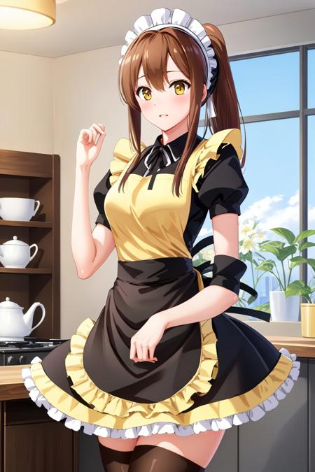 (masterpiece, best quality, highres, anime art style, pixiv), (1girl, solo, aoyama nanami, brown eyes, ponytail, maid headdress, maid, black thighhighs, skirt, short sleeves, apron, ribbon, (yellow) frills), (arms behind back), <lora:aoyama_nanami_xl:0.7>