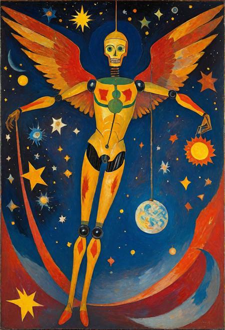 painting style by James Ensor and Franz Marc and Ernst Ludwig Kirchner and August Macke, a flying metal man with rusty old mechanical wings, rusty decaying metal body, flying between stars in the endless darkness of space, holding a holy sign, marble and ebony and silver, halo of silver fire, enormous, flying in space, contrasting deep shadows, stars and galaxies, dark,