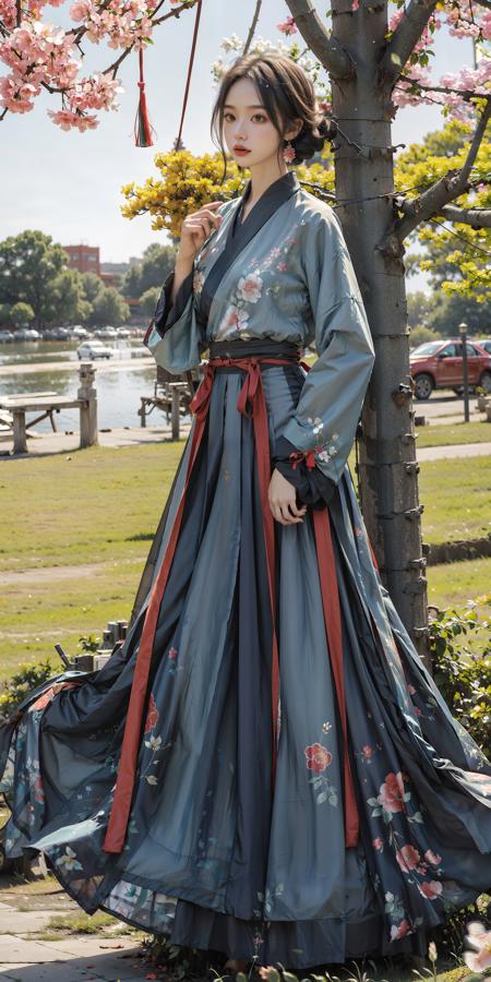 <lora:new_weijin_hanfu:0.8>,1girl,floral print, (blue print chinese shirt),(red print long skirt),full body, short hair, outdoors, park, lawn, flowers,trees, sunshine,lake