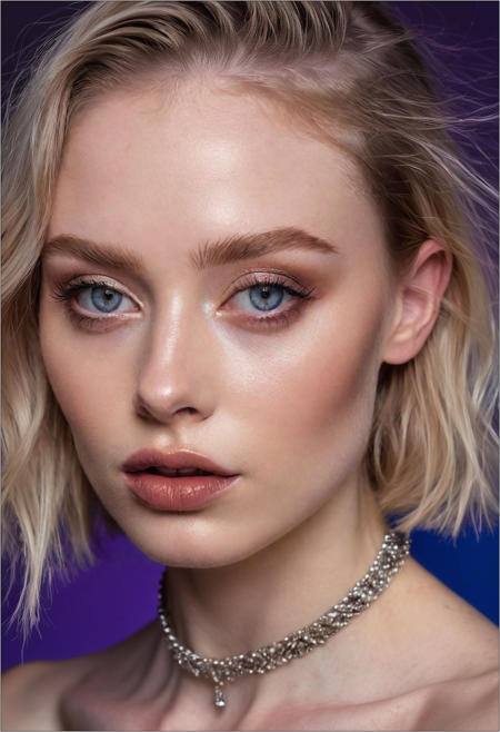 A professional (fashion photo photography:1.2),a  (studio portrait:1.2),showing (surrealistic style:1.1),(black purple gradient background:1.2),(exaggerated character movements:1.5),against glass,(masterpiece, best quality:1.4), perfect body,  long hair, brown hair, brown eyes, parted lips, , detailed skin,model photoshoot, long bob-cut hair, shiny oiled skin, pale skin,  pale white skin, shiny oiled skin, pale skin, realistic eye and face details), hyperrealism, very slim,  bright face, blue eyes, choker, make-up photography by (Ethel Warwick:1.3), modelshoot, pose, , (Ethel Warwick: 1,2) award winning photo macro shot  dramatic lighting,philosophical dimensions,NIKON Z9,35mm,f/1.2,RAW format,stark composition.,(muted tones:1.2),award winning photo,(dream-like quality:1.2),