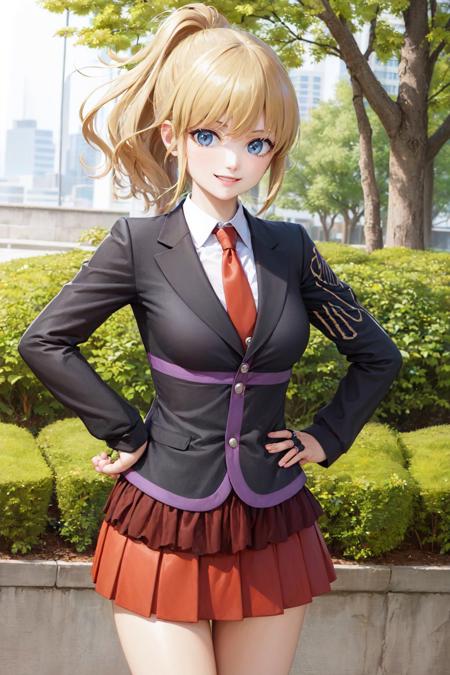 (masterpiece, best quality:1.2), <lyco:umineko_ushiromiyajessica-11:1.0>, cowboy shot, solo, 1girl, ushiromiya jessica, smile, looking at viewer, hand on hip, ponytail, jacket, necktie, skirt