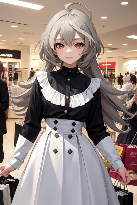 masterpiece, best quality, absurdres, perfect anatomy, 1girl, solo, SasakiRan, long hair, streaked hair, ahoge, high-waist skirt, long skirt, white skirt, black shirt, long sleeves, smile, standing, indoors, shopping mall, <lora:SasakiRan:1>