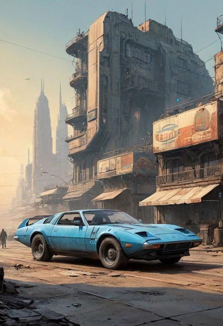 linquivera, liiv1, on parchment, style of ((Ralph McQuarrie)), a digital painting depicting a futuristic cityscape. In the foreground, there's a worn classic (sports car) with a long hood and pop-up headlights, giving it an appearance reminiscent of the late 20th-century designs, yet with a worn and rugged look suggesting age or use in a dystopian setting. The car is detailed with dirt and weathering, and it has a matte, metallic finish. The city around it is composed of tall, slender buildings with (cyberpunk-style architecture), featuring protruding structures and neon lights. In the hazy sky, (airships or futuristic vehicles) float above, hinting at advanced technology and a busy urban atmosphere. The color palette is predominantly (desaturated tones of beige and blue), with the scene set against a backdrop of what could be a smog-filled sky, creating a sense of depth and scale. The artwork combines elements of nostalgia with speculative future technologies, presenting a visually rich, sci-fi environment.