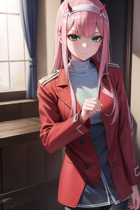 zerotwo, <lyco:zerotwo-lyco-nochekaiser:1>,
zero two, (green eyes:1.5), hairband, horns, long hair, pink hair, red horns, white hairband,
BREAK jacket, leggings, red jacket, white footwear,
BREAK indoors, classroom,
BREAK looking at viewer, (cowboy shot:1.5),
BREAK <lyco:GoodHands-beta2:1>, (masterpiece:1.2), best quality, high resolution, unity 8k wallpaper, (illustration:0.8), (beautiful detailed eyes:1.6), extremely detailed face, perfect lighting, extremely detailed CG, (perfect hands, perfect anatomy),