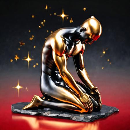 Black to red gradient background, The gray obsidian cracked stone statue of a kneeling man, full body, golden stars, magic, casting spell
