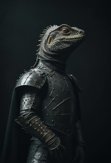 a lizard in iron armour, black cape, studio background, high-contrast palette, subtle grain, cinematic quality, modern art photograph, looking at viewer